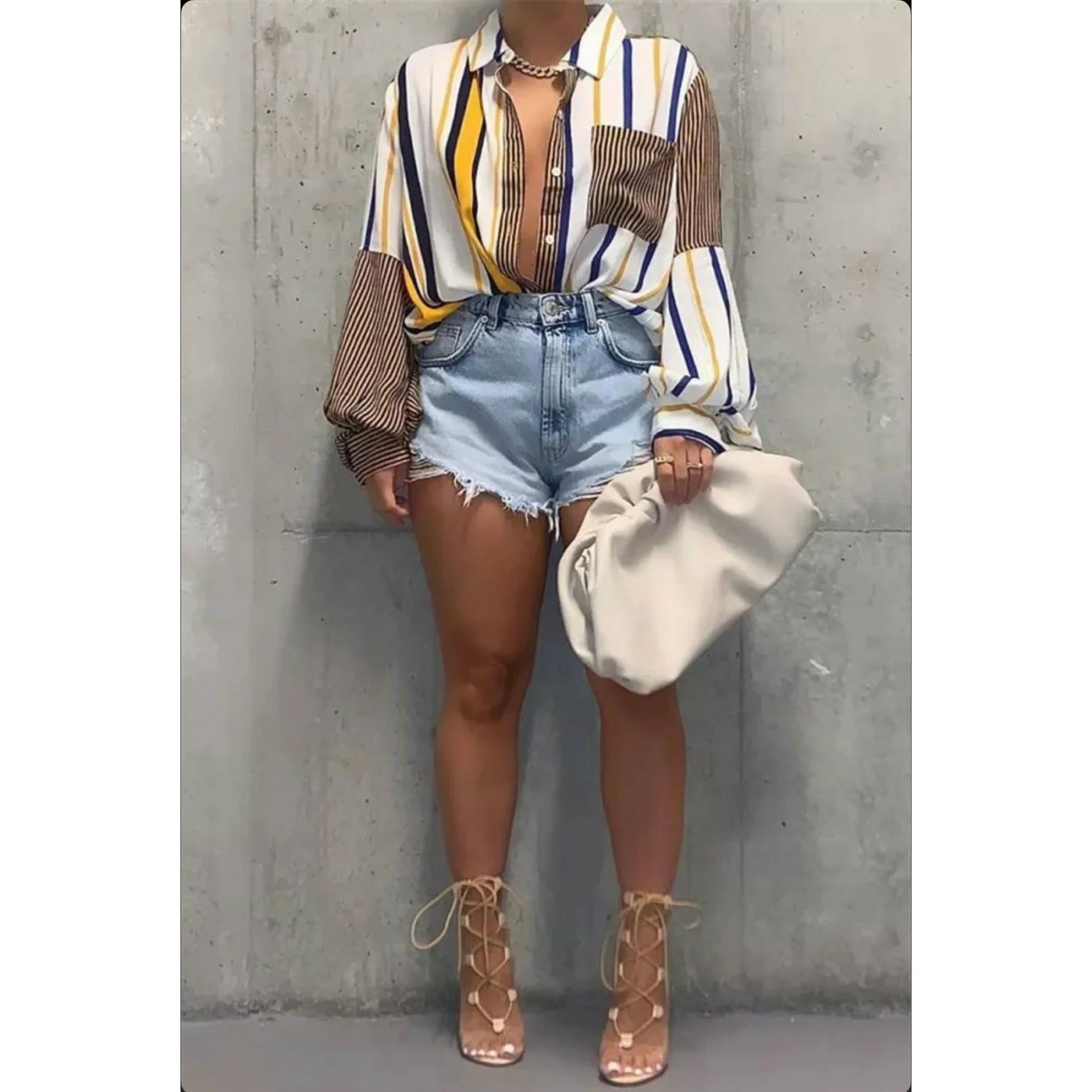 Striped Turndown Collar Long Sleeve Print Shirt - Image 4