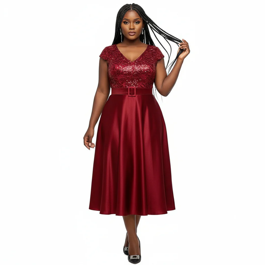 Stylish Sequins Bridesmaid Gown With A V-neck Design Dress - Image 2