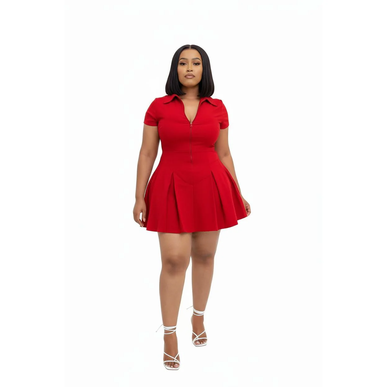 Solid Pleated Hem Short Sleeve Dress - Image 2