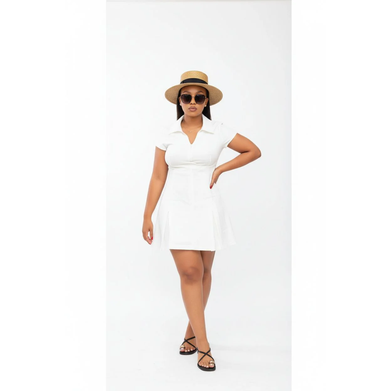 Solid Pleated Hem Short Sleeve Dress - Image 3
