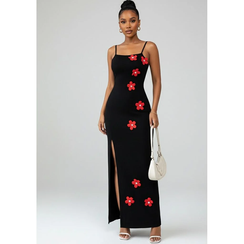 Summer Floral Long Elegant Spaghetti Strap Bodycon Dress - Image 2