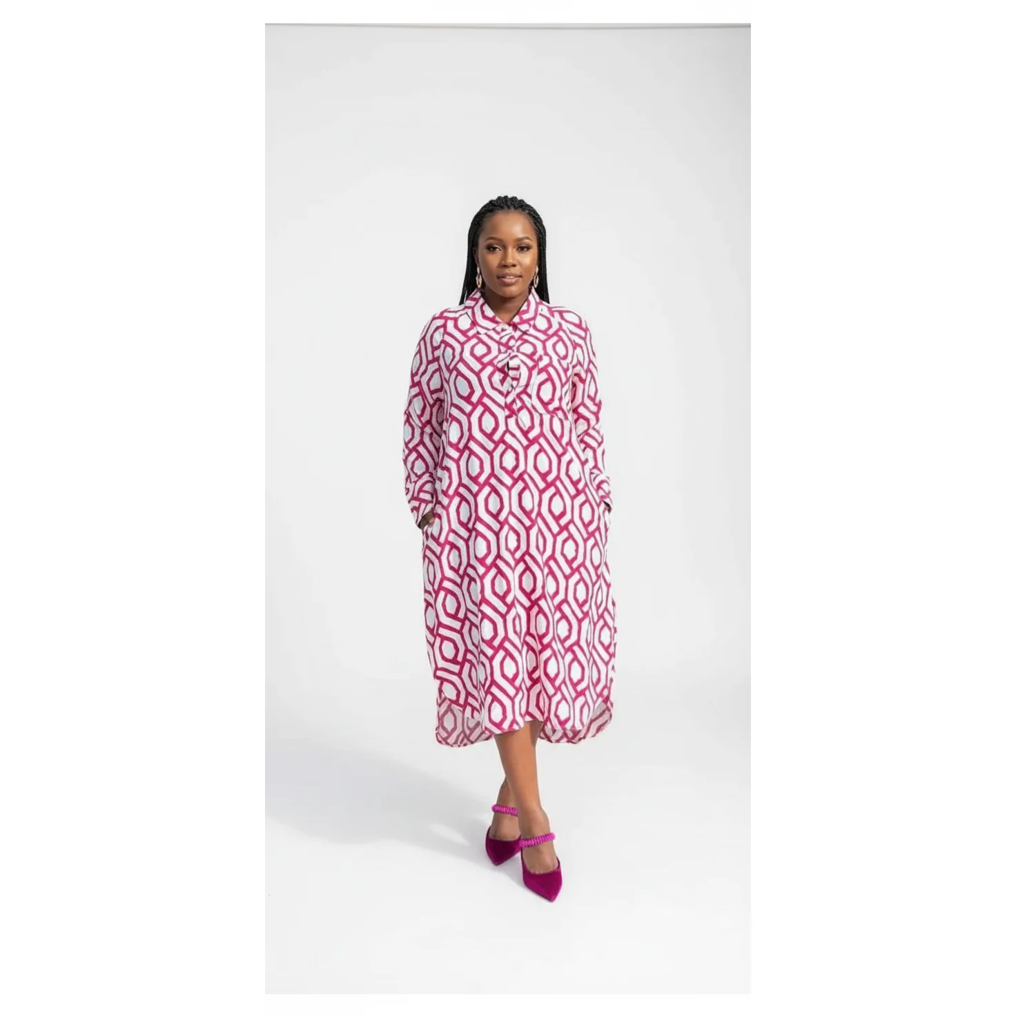 High Neck Long Sleeve Printed Pleated Maxi Dress. - Image 2