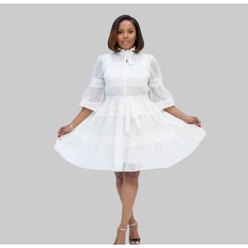 Flare Lace-Up Stretch Rib A-Hem Dress - Image 2