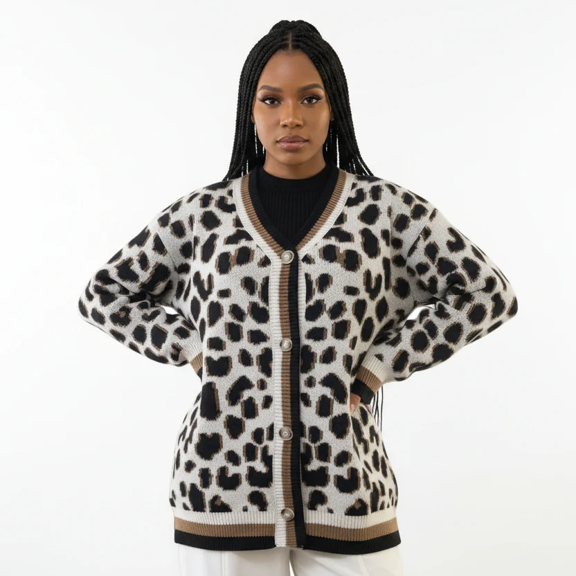 Leopard Print Detail Trim Knitted Cardigan