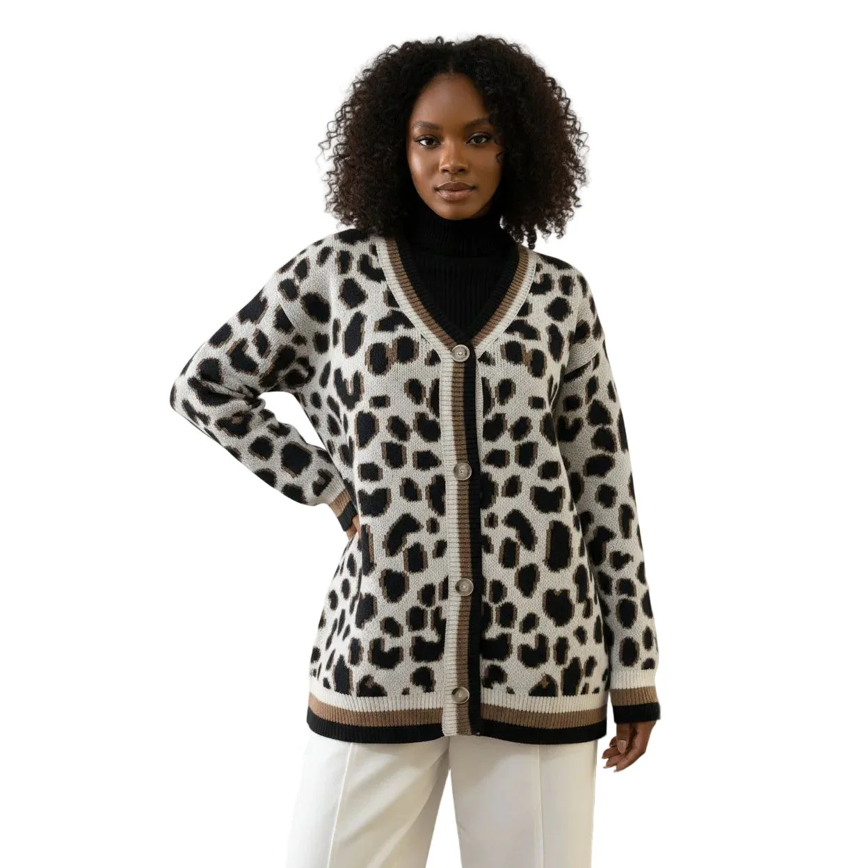 Leopard Print Detail Trim Knitted Cardigan - Image 2