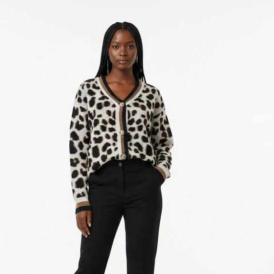 Leopard Print Detail Trim Knitted Cardigan - Image 3