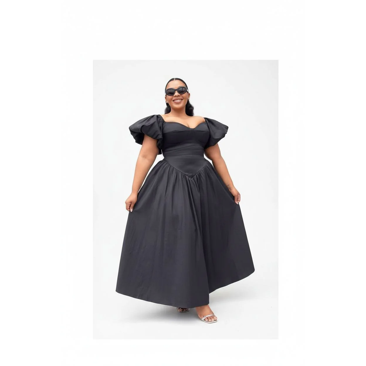 Sweetheart Collar Sleeve Ruched Swing Dress
