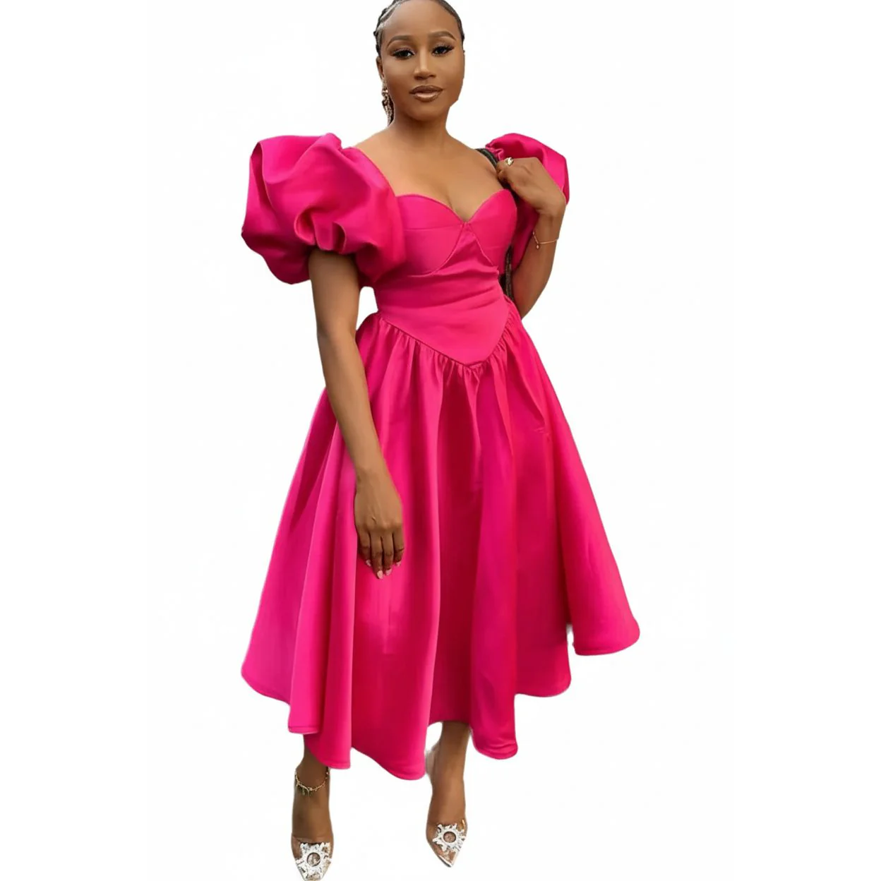 Sweetheart Collar Sleeve Ruched Swing Dress - Image 4
