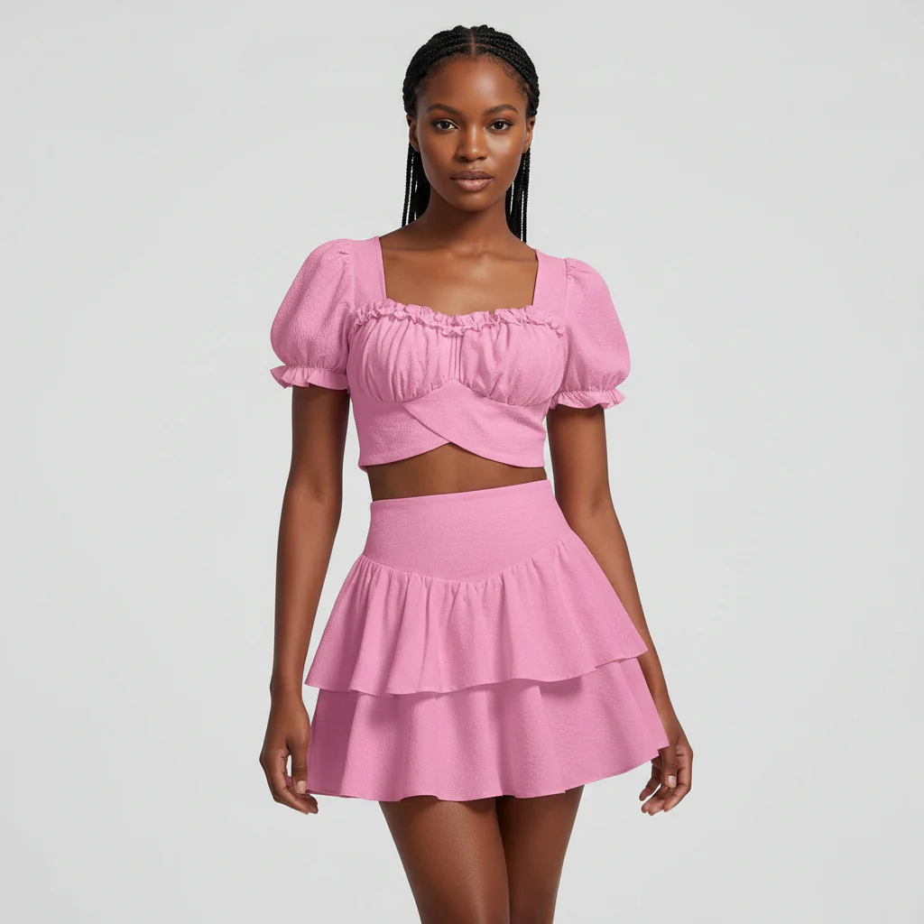 Sweetheart Neck Puff Sleeve Crop Top & Ruched Ruffle Hem Skirt Set - Image 5