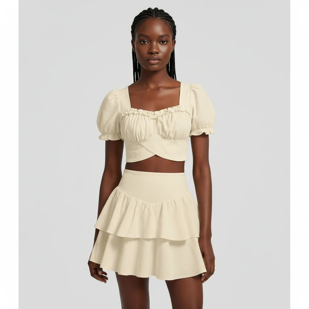 Sweetheart Neck Puff Sleeve Crop Top & Ruched Ruffle Hem Skirt Set - Image 6