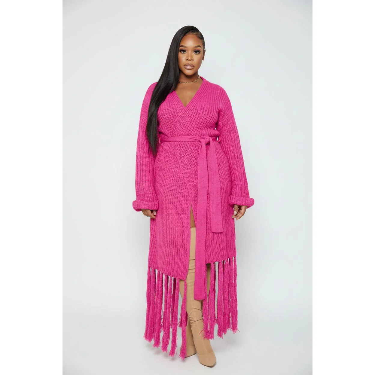 Tassel Lace-Up Long Cozy Knit Cardigan