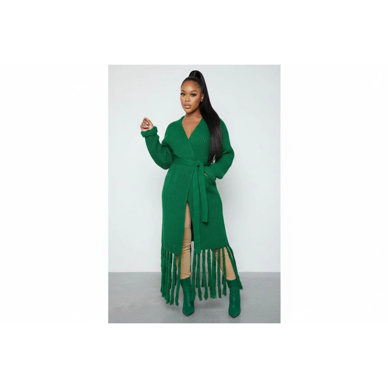 Tassel Lace-Up Long Cozy Knit Cardigan - Image 2