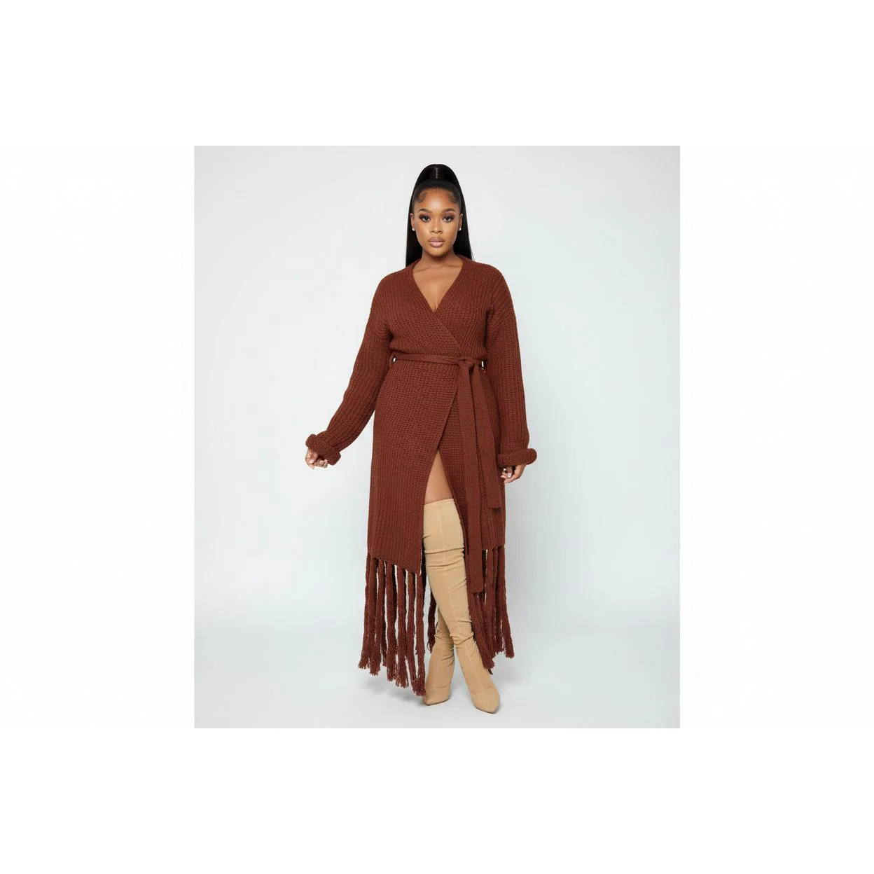 Tassel Lace-Up Long Cozy Knit Cardigan - Image 3