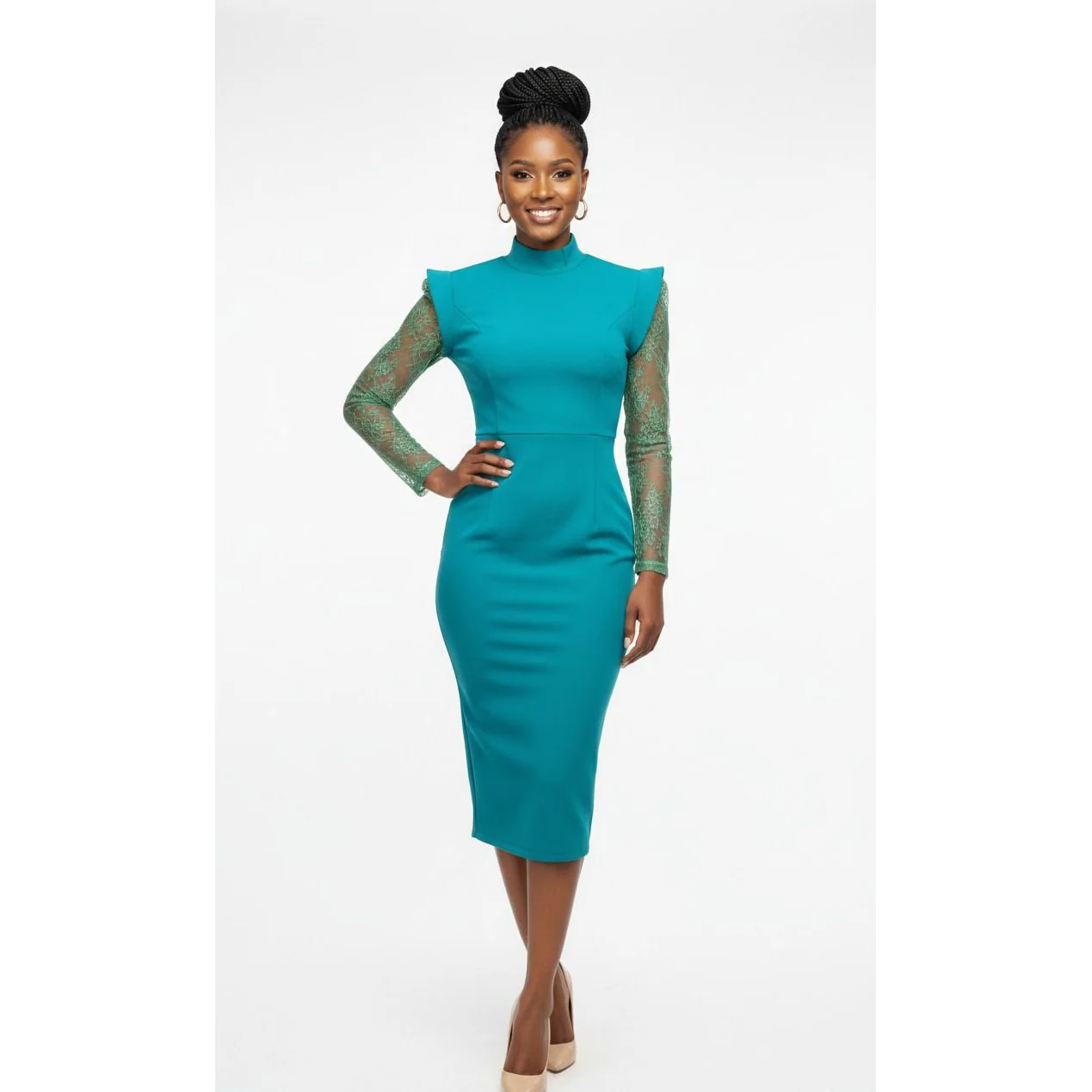 Teal High-neck Pencil Dress with Lace Sleeves - Image 2