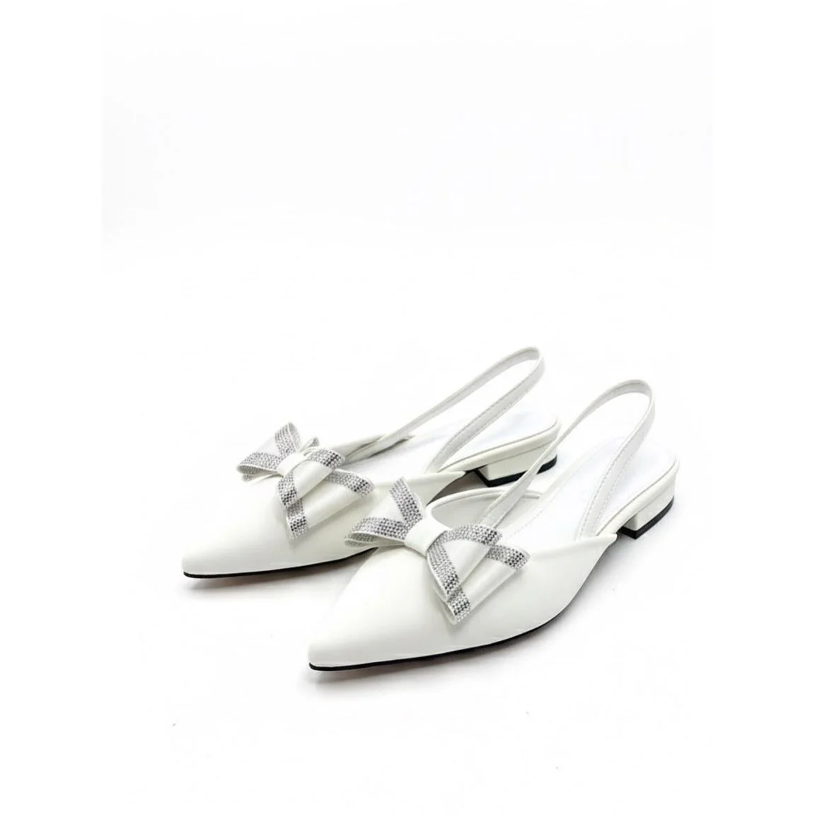 Thick Heel Low Heel Bow Pointed Toe Backless Slip-On Flats - Image 3
