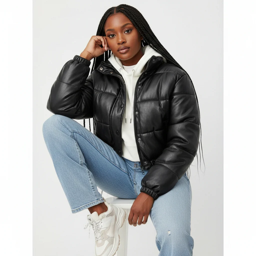 Faux Leather Padded Jacket - Image 2