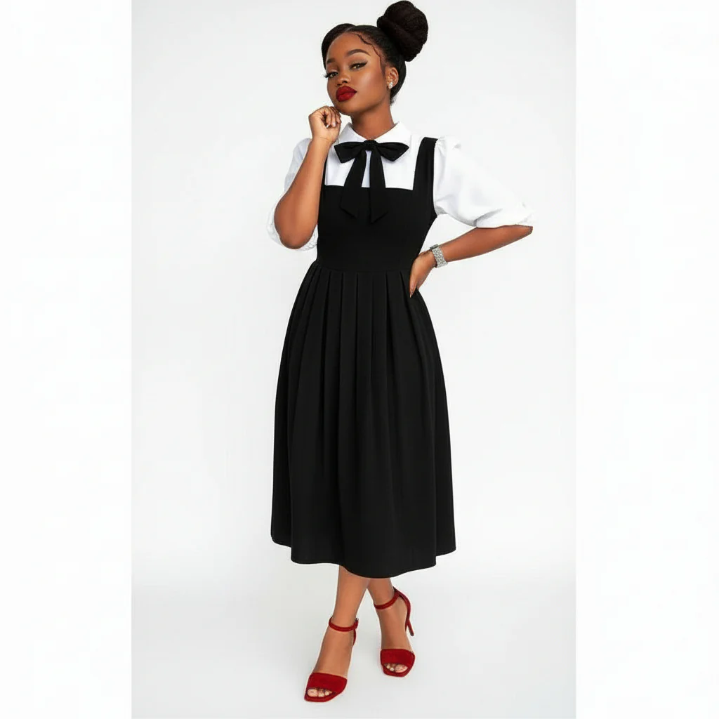 Three-quarter Sleeve Shirt with Square Neck Midi Dress & Bow-tie Set