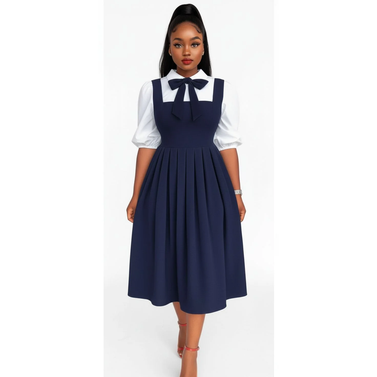 Three-quarter Sleeve Shirt with Square Neck Midi Dress & Bow-tie Set - Image 2