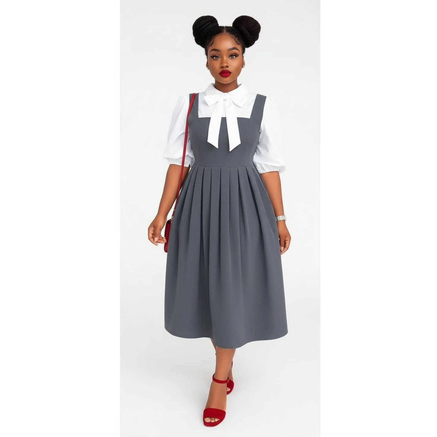 Three-quarter Sleeve Shirt with Square Neck Midi Dress & Bow-tie Set - Image 3