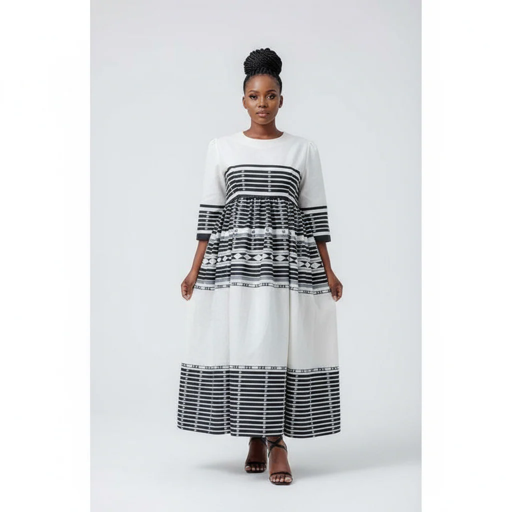 Three Quarter Sleeve Xhosa Round Neck Ankara Dress. - Image 4