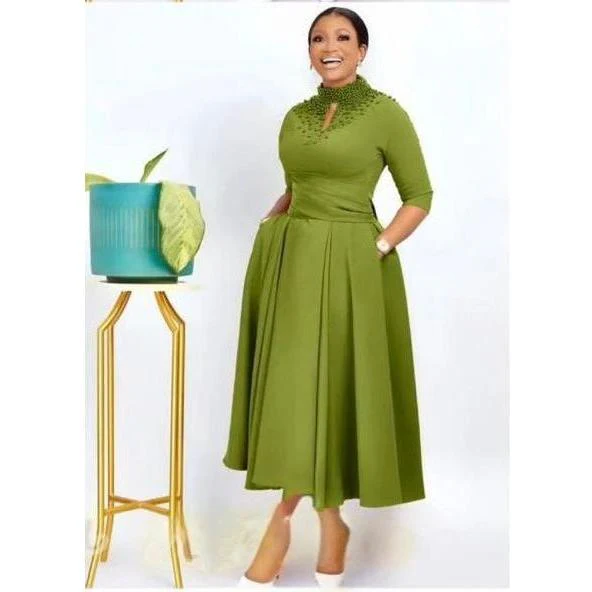 Three Quarters Sleeve Beads Detailed Midi Dress - Image 3