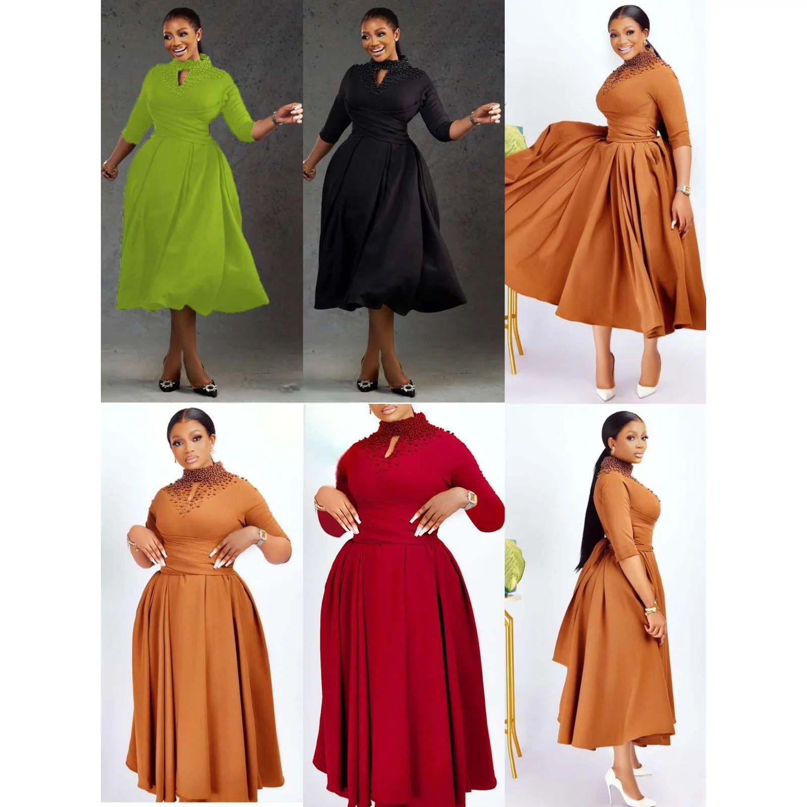 Three Quarters Sleeve Beads Detailed Midi Dress.