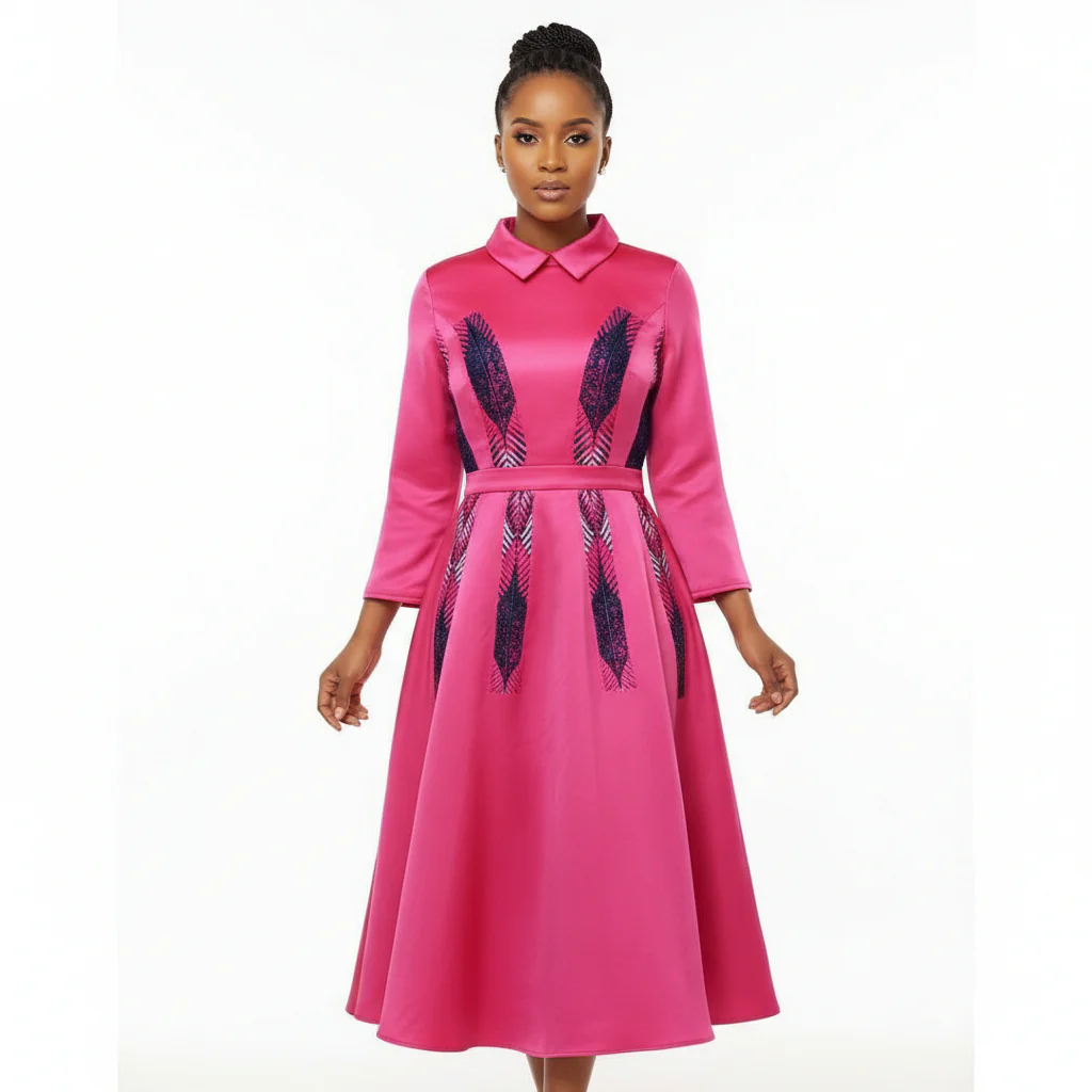 Three Quarters Sleeve Down-Collar Detailed Midi Dress - Image 3