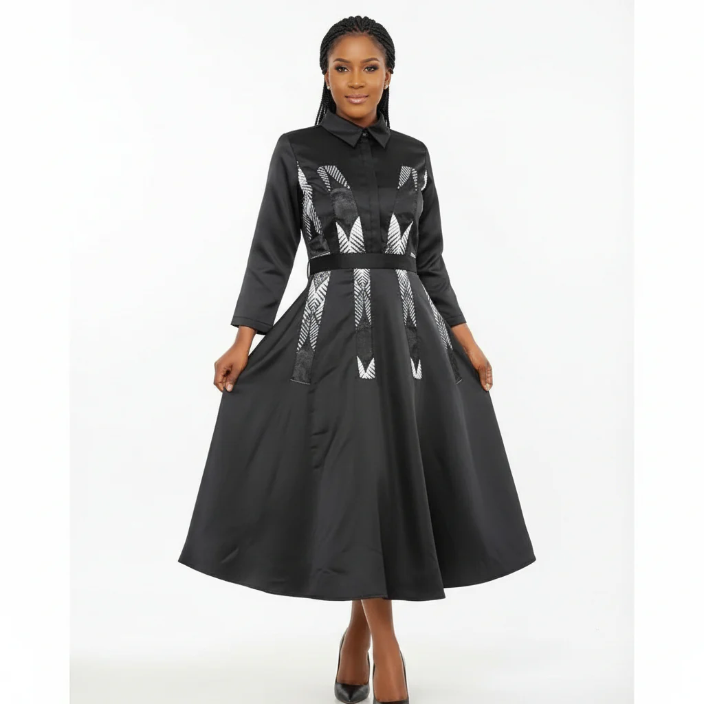 Three Quarters Sleeve Down-Collar Detailed Midi Dress - Image 4