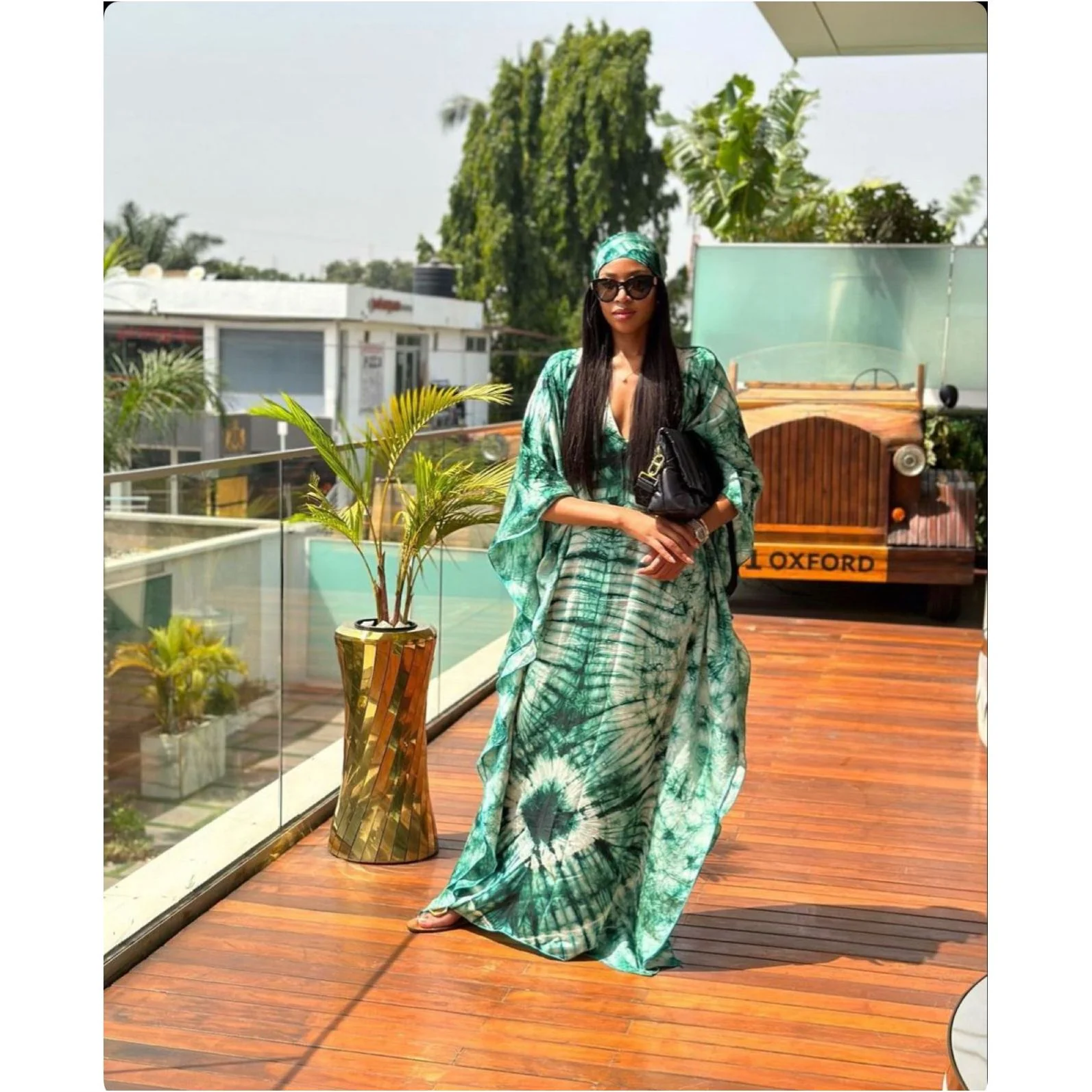 Tie-Die Emerald Green Print Silk Caftan Dress - Image 3