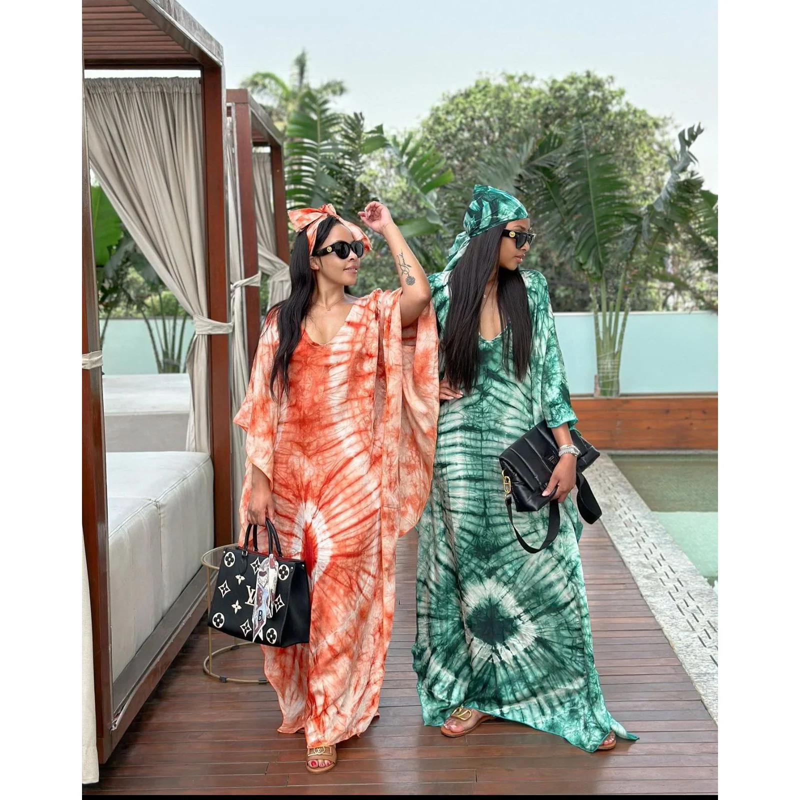 Tie-Die Emerald Green Print Silk Caftan Dress - Image 4