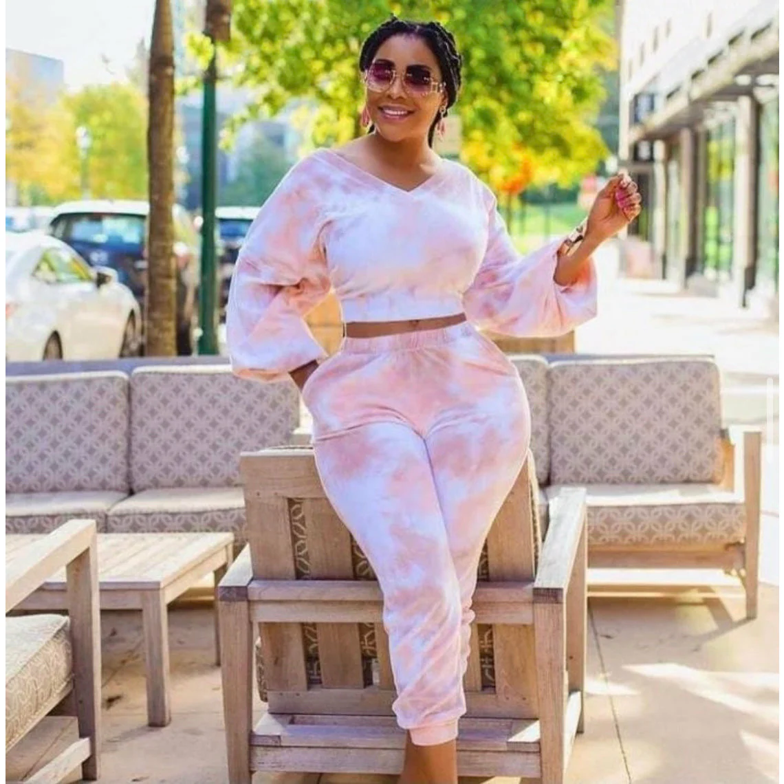 Tie-Dye V-Neck Top & Pants Tracksuit Set - Image 2