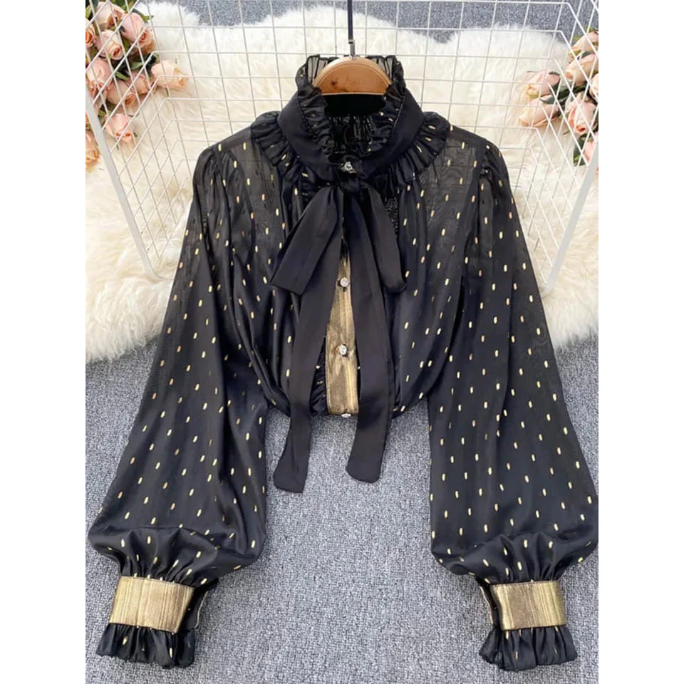 Tie Neck Lantern Peplum Blouse - Image 2