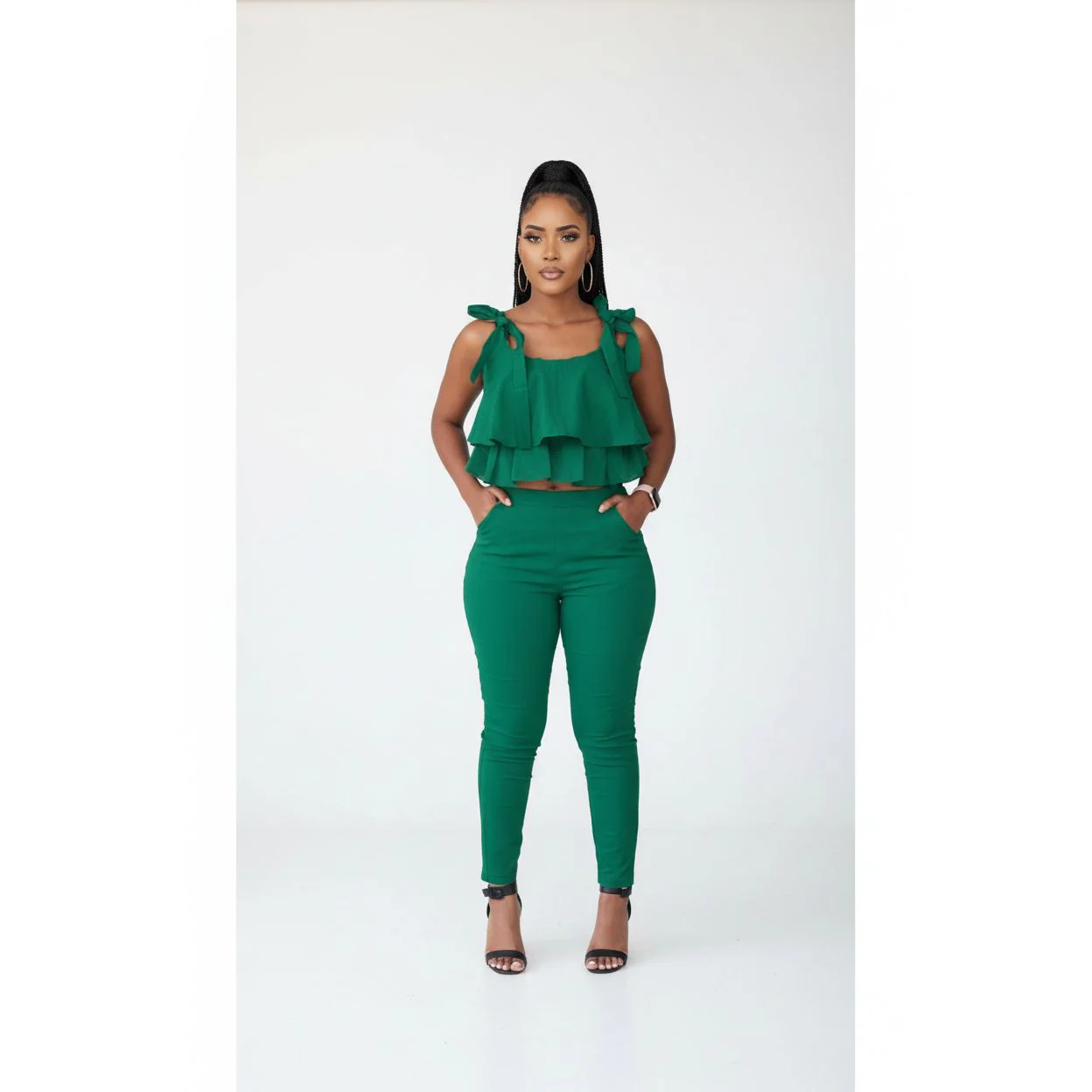 Tie Shoulder Ruffle Crop Top and Skinny Pant Set. - Image 3