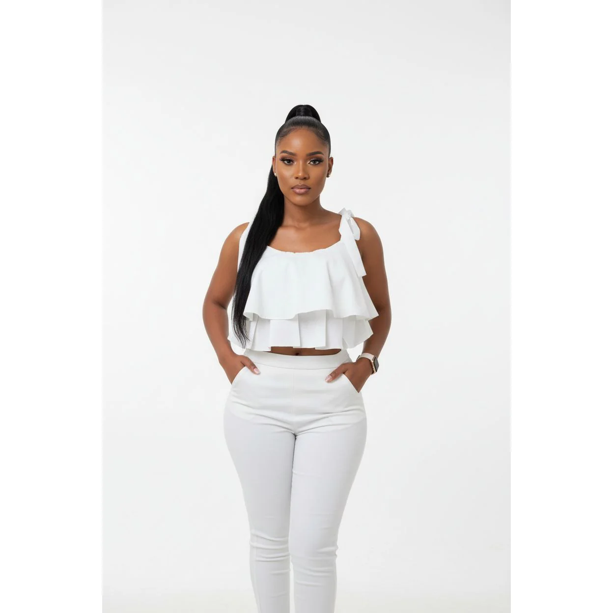 Tie Shoulder Ruffle Crop Top and Skinny Pant Set. - Image 4