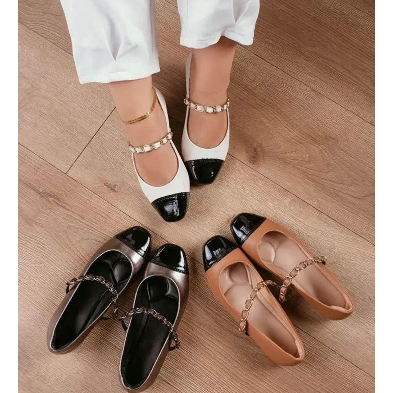 Tow-Tone Round Toe kitten Heel Ballerina Shoes - Image 4