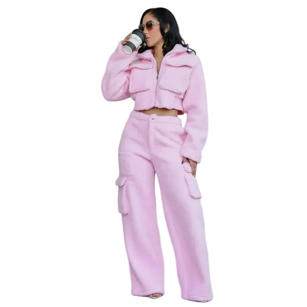 Tracksuits Solid Jacket With Cargo Pants Two Piece Set - Image 3