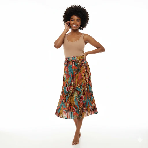 Tropical Print Pleated Midi Skirt - Image 2