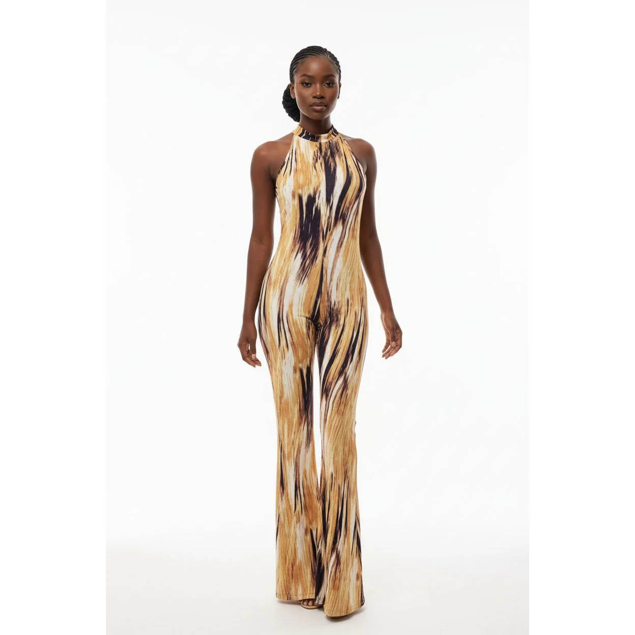 Tropical Print Round Neck Flared Leg Jumpsuit. - Image 2