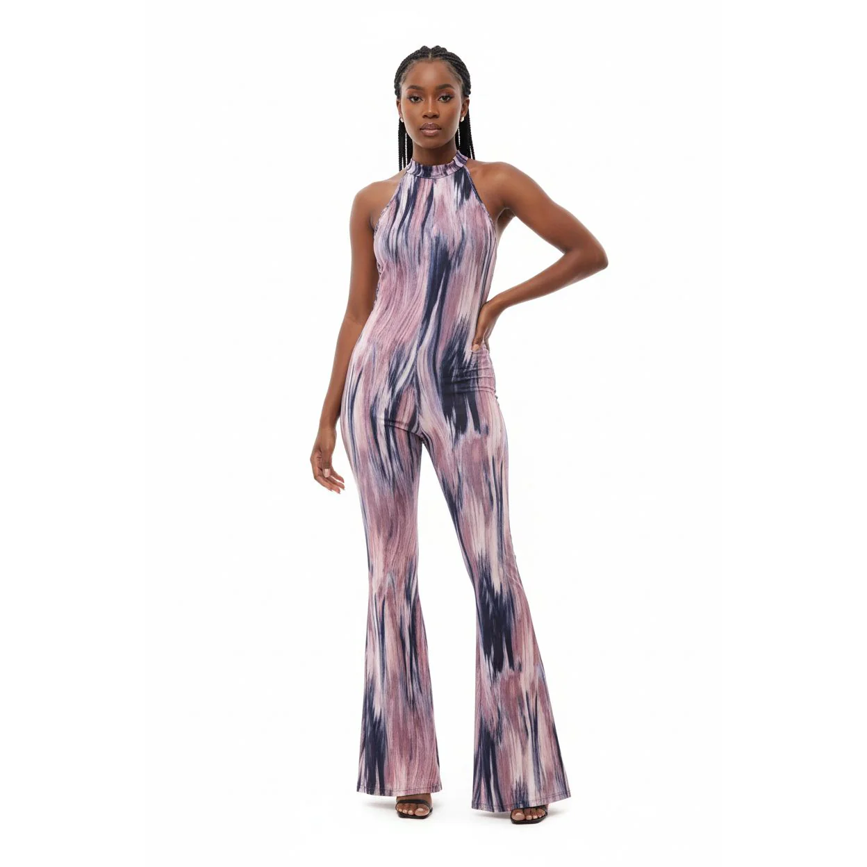 Tropical Print Round Neck Flared Leg Jumpsuit. - Image 3