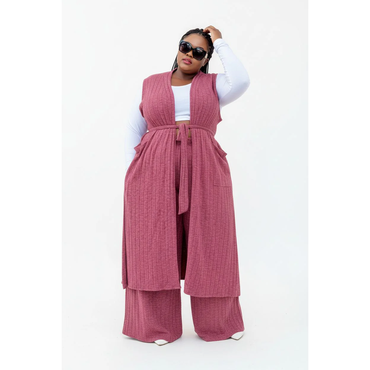 Tube Crop Long Cardigan Cover Up & Bodycon Pants Set