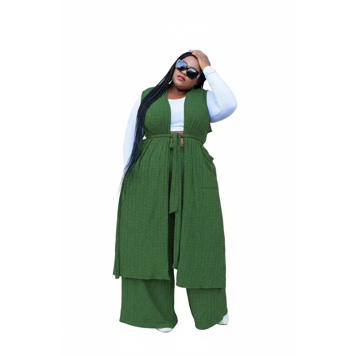 Tube Crop Long Cardigan Cover Up & Bodycon Pants Set - Image 2