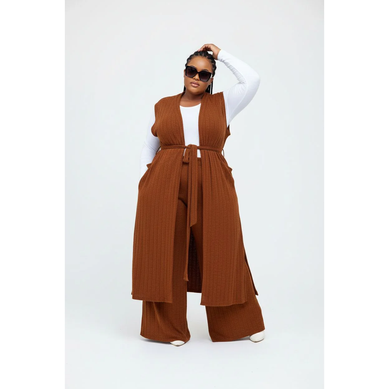 Tube Crop Long Cardigan Cover Up & Bodycon Pants Set - Image 3