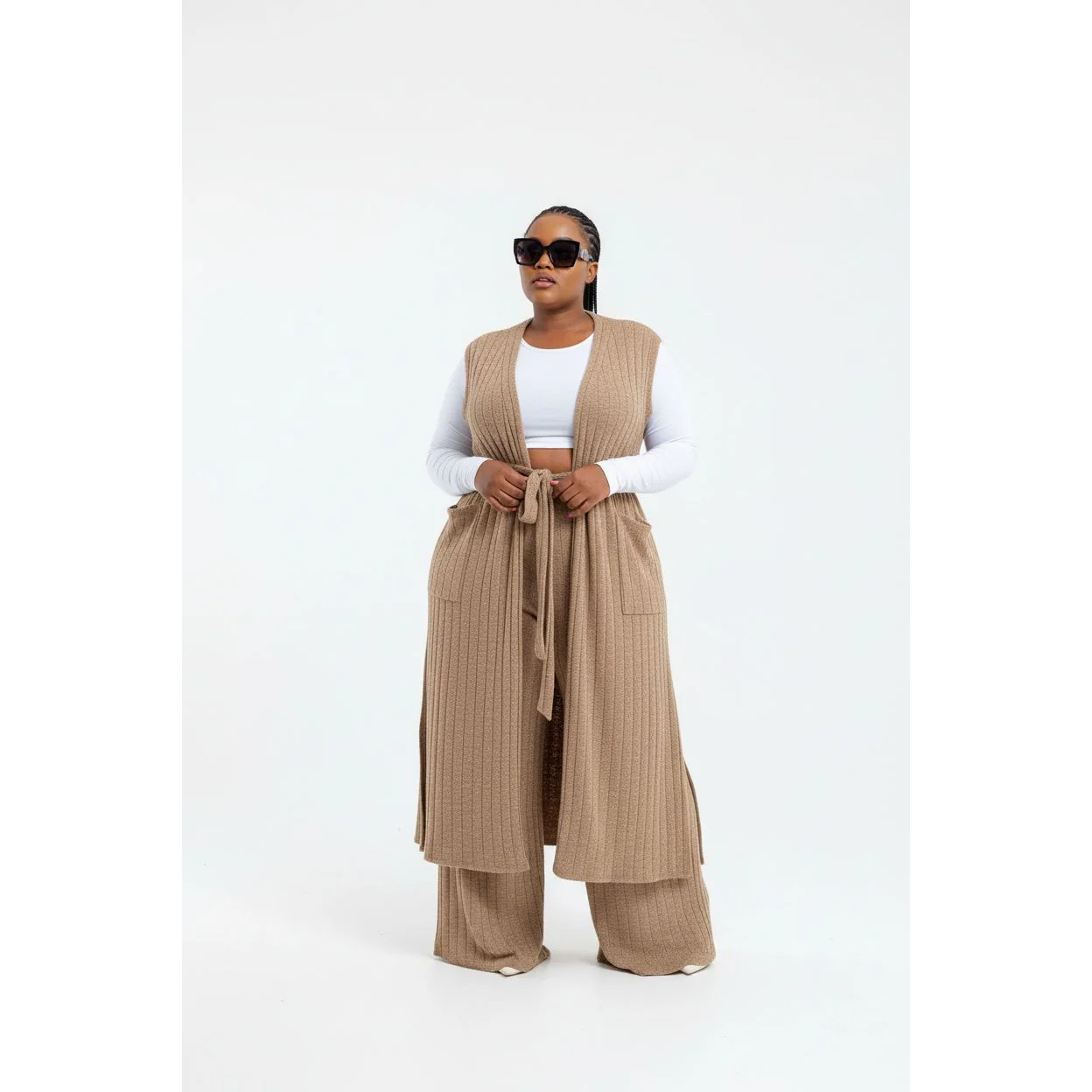 Tube Crop Long Cardigan Cover Up & Bodycon Pants Set - Image 4