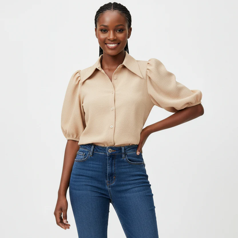 Turn-Down Collar Half Puff Sleeve Shirt - Image 2