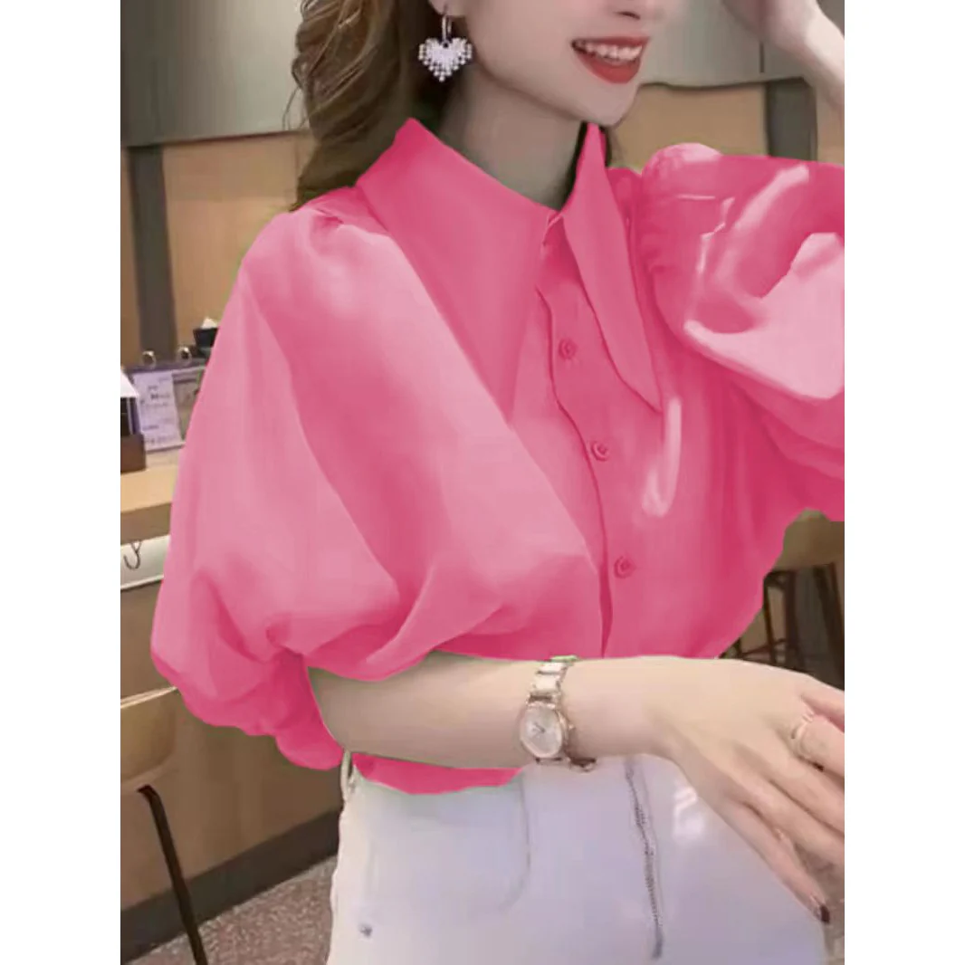 Turn-Down Collar Half Puff Sleeve Shirt - Image 7