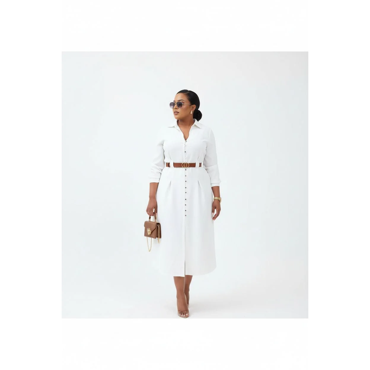 Turn Down Collar V Neck Button Elegant Shirt Dress.
