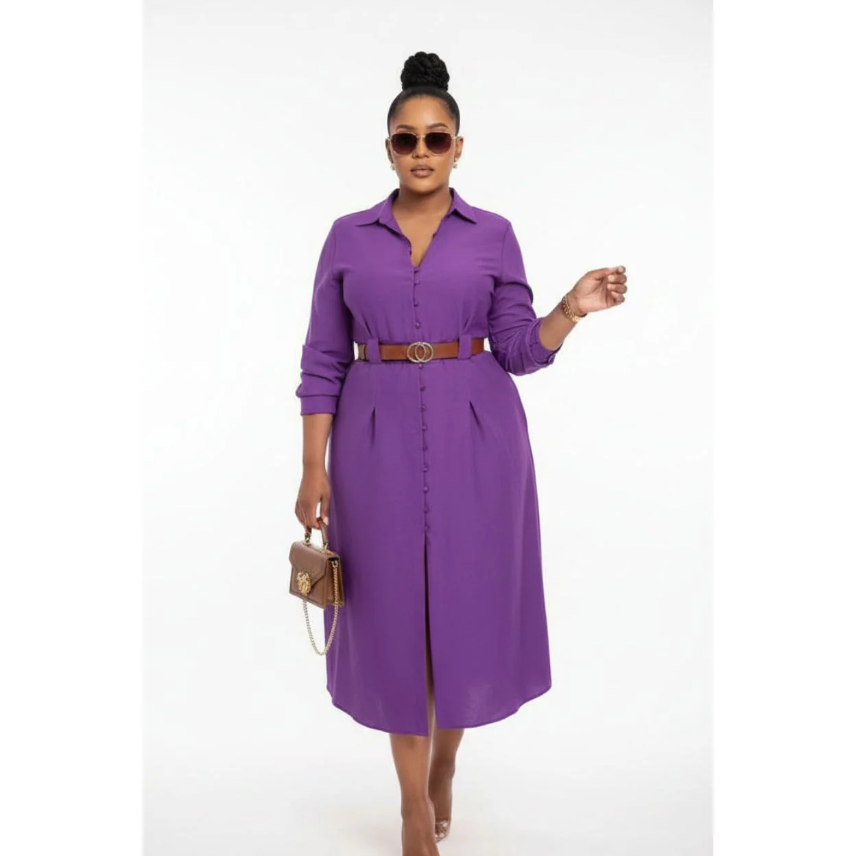 Turn Down Collar V Neck Button Elegant Shirt Dress. - Image 2