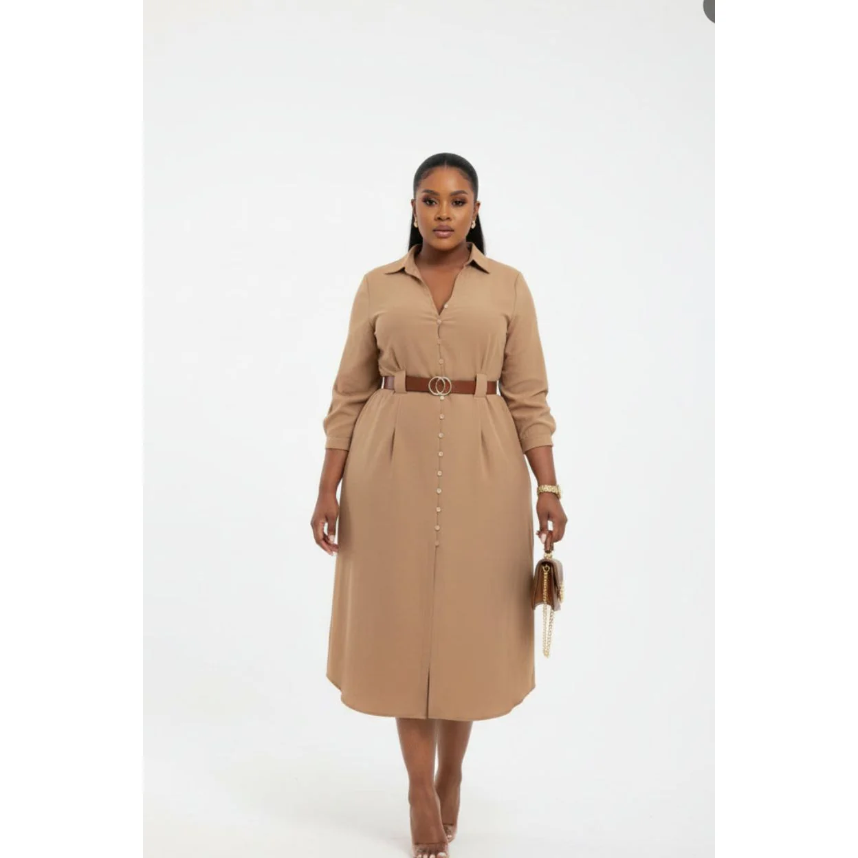 Turn Down Collar V Neck Button Elegant Shirt Dress. - Image 3