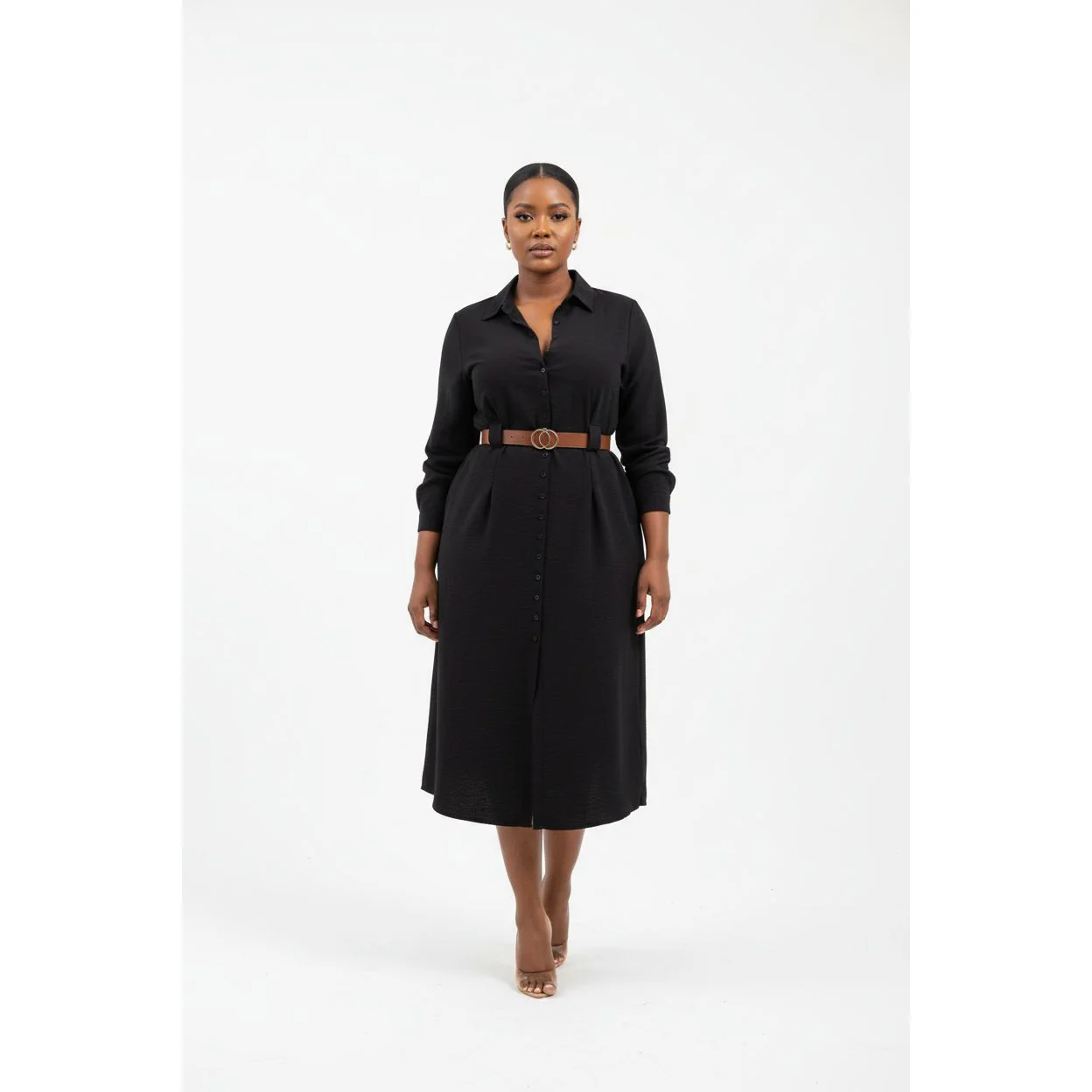 Turn Down Collar V Neck Button Elegant Shirt Dress. - Image 4