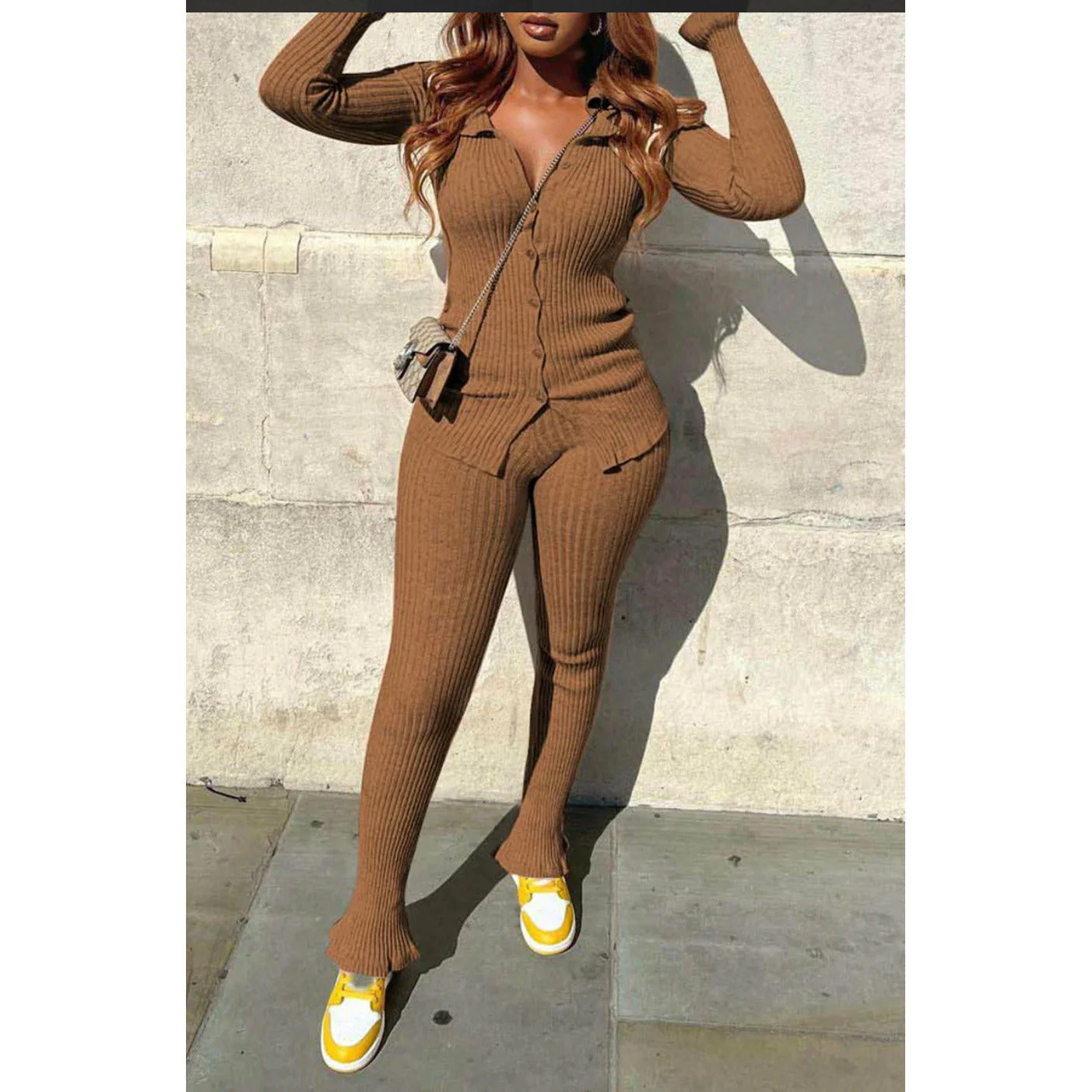 Turndown Collar Long Sleeve Two Pieces Set - Image 13